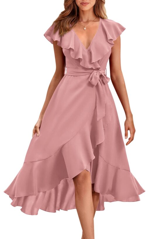Women's 2025 Summer Cross Midi Dress Casual Boho Deep V Neck Short Sleeve Ruffle Hem Split Beach Long Dresses