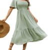 Women's Short Sleeve Smocked Square Neck A Line Summer Flowy Maxi Long Dress