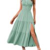 Women's Summer One Shoulder Sleeveless Knot Smocked Midi Dress Split Tiered Flowy Dresses