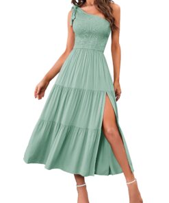 Women's Summer One Shoulder Sleeveless Knot Smocked Midi Dress Split Tiered Flowy Dresses
