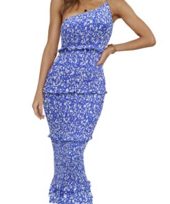 Women's Summer Midi Bodycon Dresses One Shoulder Strappy Tiered Ruffle Floral Boho Sun Dress