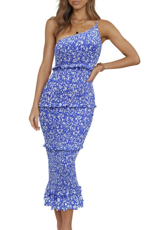 Women's Summer Midi Bodycon Dresses One Shoulder Strappy Tiered Ruffle Floral Boho Sun Dress