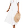 2025 Summer Dress for Women Casual Short Sleeve Bow Tie V Neck Ruffle Midi Flowy Dresses