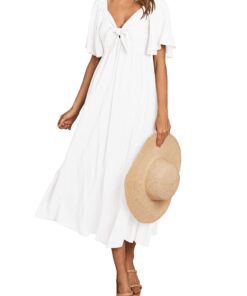 2025 Summer Dress for Women Casual Short Sleeve Bow Tie V Neck Ruffle Midi Flowy Dresses