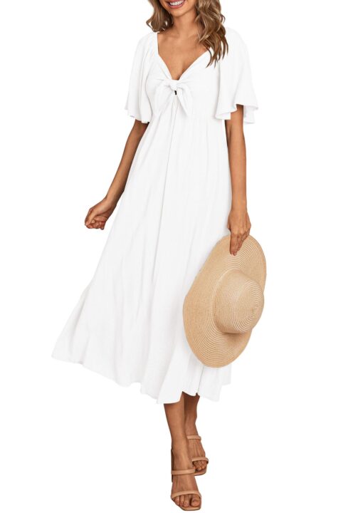 2025 Summer Dress for Women Casual Short Sleeve Bow Tie V Neck Ruffle Midi Flowy Dresses