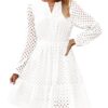 Women's 2025 Long Sleeve Mini Dress Spring V Neck Hollow Out Eyelet Embroidery Ruffle A Line Swing Short Dresses