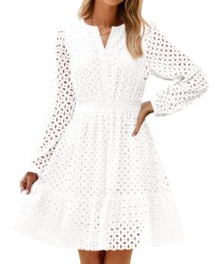Women's 2025 Long Sleeve Mini Dress Spring V Neck Hollow Out Eyelet Embroidery Ruffle A Line Swing Short Dresses