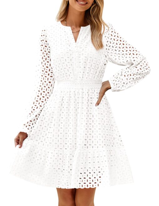 Women's 2025 Long Sleeve Mini Dress Spring V Neck Hollow Out Eyelet Embroidery Ruffle A Line Swing Short Dresses