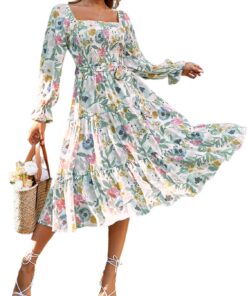 Women's Boho Flowy Long Sleeve Square Neck Floral Midi Dress Smocked Spring Fall Wedding Guest Dresses