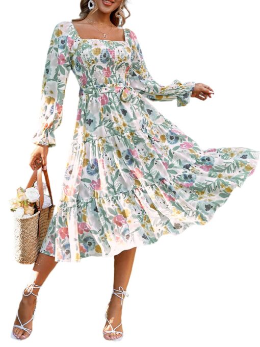 Women's Boho Flowy Long Sleeve Square Neck Floral Midi Dress Smocked Spring Fall Wedding Guest Dresses