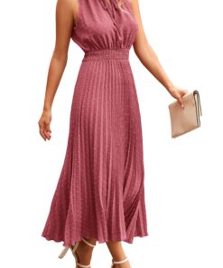 Women's Midi Summer Dresses Casual V Neck Swiss Dot Ruffle Sleeveless A Line Beach Sun Dress