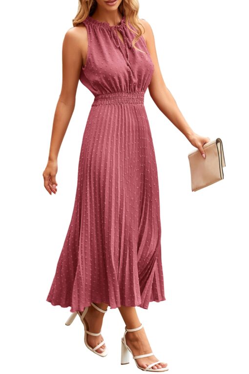 Women's Midi Summer Dresses Casual V Neck Swiss Dot Ruffle Sleeveless A Line Beach Sun Dress