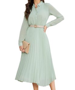 Business Casual Shirt Dress for Women Long Sleeves Pleated Midi Dresses with Belt