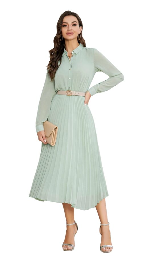 Business Casual Shirt Dress for Women Long Sleeves Pleated Midi Dresses with Belt