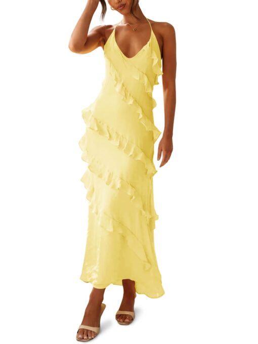 Womens Sexy Chiffon Halter Maxi Dress Sleeveless Backless Ruffle Tassel Party Club Dresses - Image 2