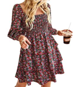 Womens Long Sleeve Dress Vacation Square Neck Smocked Floral Swiss Dot Mini Boho Fall Wedding Guest Dresses 2025