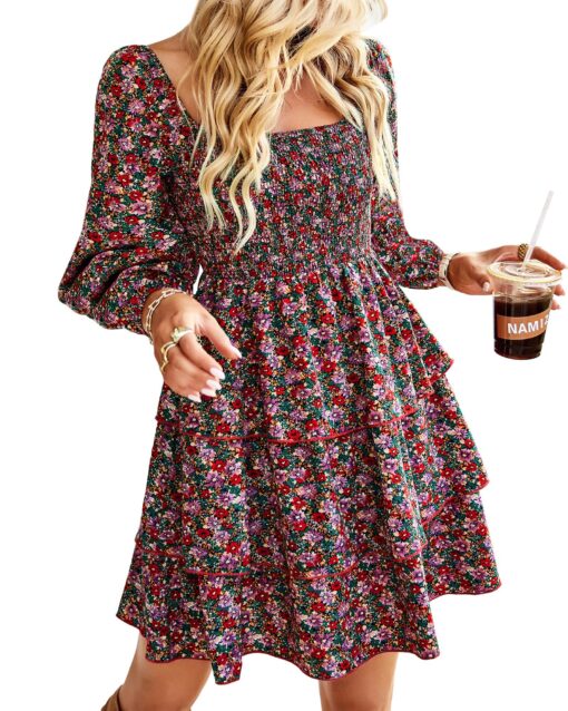 Womens Long Sleeve Dress Vacation Square Neck Smocked Floral Swiss Dot Mini Boho Fall Wedding Guest Dresses 2025