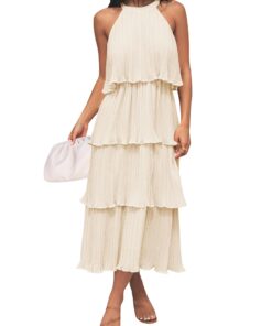 Women's 2025 Summer Sleeveless Halter Neck Ruffle Tiered Layed Chiffon Flowy Swing Long Midi Dress