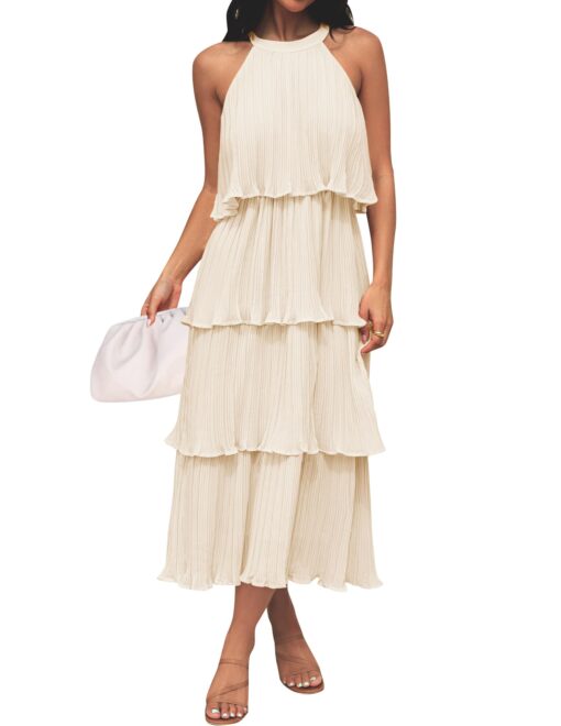 Women's 2025 Summer Sleeveless Halter Neck Ruffle Tiered Layed Chiffon Flowy Swing Long Midi Dress