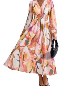 Women's Floral Midi Dress Casual Fall V Neck Long Sleeve Flowy Spring Beach Wedding Guest Vacation Dresses