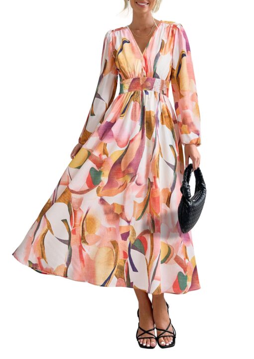 Women's Floral Midi Dress Casual Fall V Neck Long Sleeve Flowy Spring Beach Wedding Guest Vacation Dresses