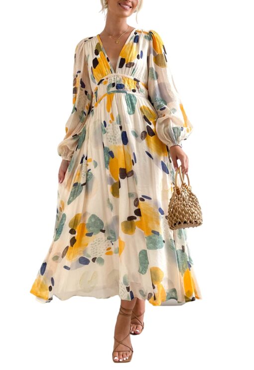 Women's Long Sleeve Boho Floral Maxi Dress Summer Fall Wedding Guest Dress