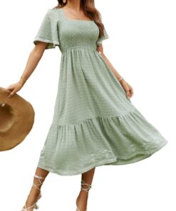 Women's Short Sleeve Smocked Square Neck A Line Summer Flowy Maxi Long Dress