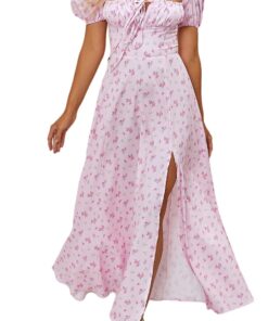 Women's Summer Puff Sleeve Floral Split Maxi Dress Flowy A Line Casual Beach Long Dresses 2025