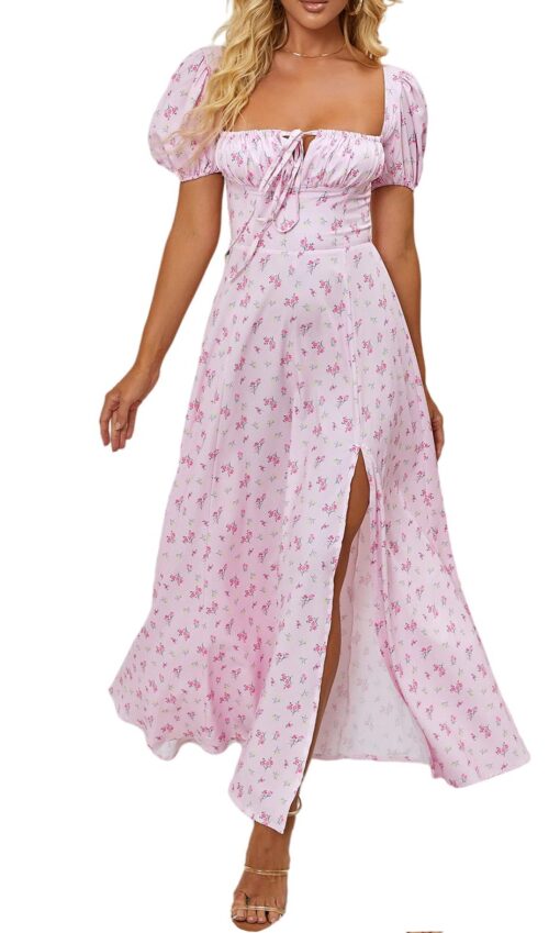 Women's Summer Puff Sleeve Floral Split Maxi Dress Flowy A Line Casual Beach Long Dresses 2025
