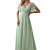Women's Bridesmaid Dress V-Neck Ruffle Sleeves Ruched Bust Floor Length Chiffon Formal Dresses 0164A