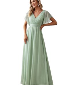 Women's Bridesmaid Dress V-Neck Ruffle Sleeves Ruched Bust Floor Length Chiffon Formal Dresses 0164A