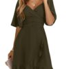 Women's Wrap V Neck Short Flared Sleeve Wedding Guest Dress Smocked Elastic Waist Tiered Belted Ruffle Hem Mini Dress