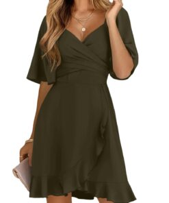 Women's Wrap V Neck Short Flared Sleeve Wedding Guest Dress Smocked Elastic Waist Tiered Belted Ruffle Hem Mini Dress