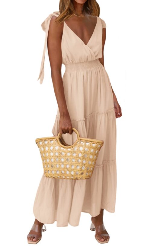 Women's Cross Neck Summer Sleeveless Tiered Maxi Dress Beach Tie Strap Smocked Long Dresses Pleated Sundress - Image 7