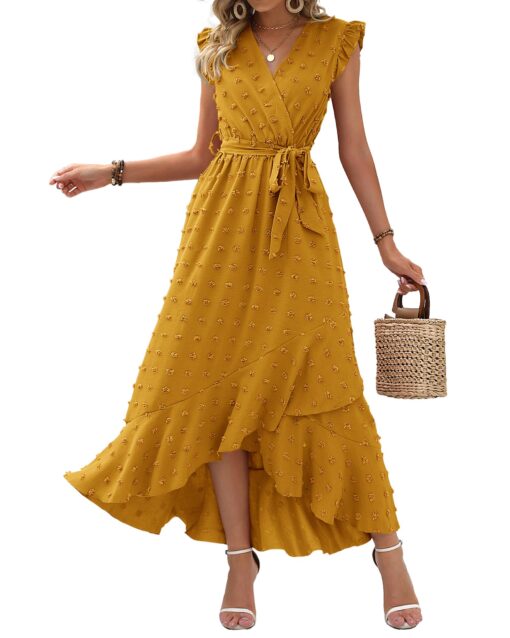 Women V Neck Summer Dress 2025 Cap Sleeve Swiss Dot Boho Flowy Ruffle Slit Beach Party Long Maxi Cocktail Dresses
