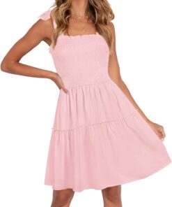 Women's 2025 Summer Spaghetti Strap Sleeveless Square Neck Ruffle A Line Swing Mini Dress
