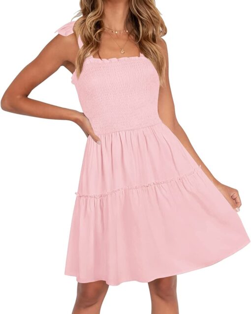 Women's 2025 Summer Spaghetti Strap Sleeveless Square Neck Ruffle A Line Swing Mini Dress