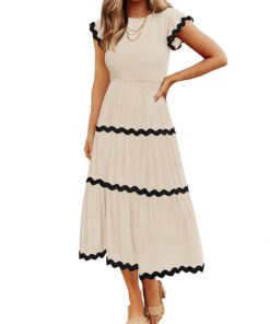 Women's Summer Flutter Short Sleeve Smocked Midi Dress Casual High Waist Rickrack Tiered Flowy Dresses