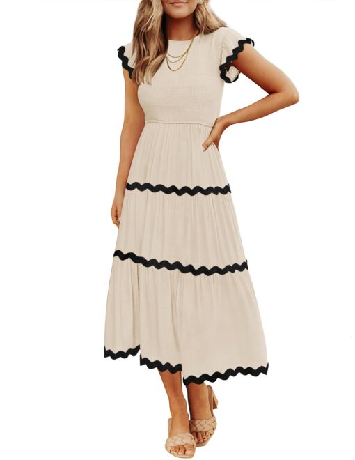 Women's Summer Flutter Short Sleeve Smocked Midi Dress Casual High Waist Rickrack Tiered Flowy Dresses