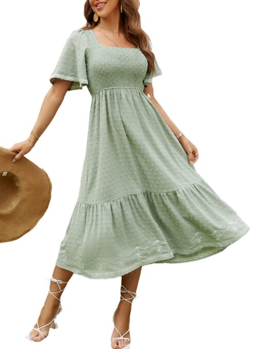 Women's Short Sleeve Smocked Square Neck A Line Summer Flowy Maxi Long Dress
