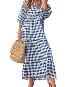 Womens Loose Fit Casual Summer V Neck Half Sleeve Bohemian Geometric Pattern Maxi Long Dresses
