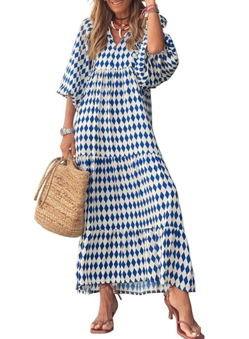 Womens Loose Fit Casual Summer V Neck Half Sleeve Bohemian Geometric Pattern Maxi Long Dresses