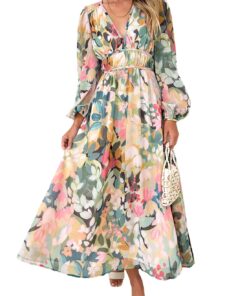 Women's Long Sleeve Floral Maxi Dress Summer Wedding Guest Dress