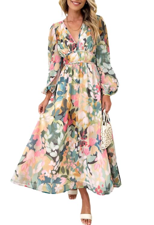 Women's Long Sleeve Floral Maxi Dress Summer Wedding Guest Dress