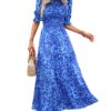 Women Casual Summer Dresses 2025 Spring Crew Neck Ruffle Short Sleeve Floral Print Smocked Boho Flowy Maxi Dress