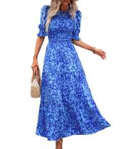 Women Casual Summer Dresses 2025 Spring Crew Neck Ruffle Short Sleeve Floral Print Smocked Boho Flowy Maxi Dress