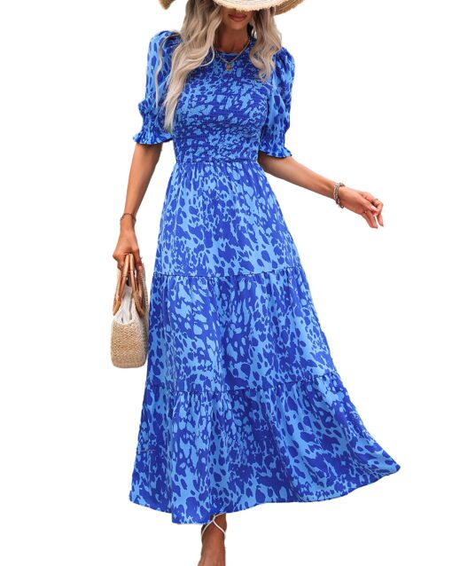 Women Casual Summer Dresses 2025 Spring Crew Neck Ruffle Short Sleeve Floral Print Smocked Boho Flowy Maxi Dress