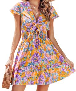 Women Summer Mini Short Dress 2025 Short Sleeve Casual Beach Vacation Sundress V Neck Tiered Sun Dresses