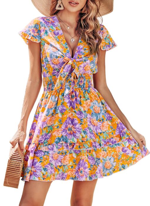 Women Summer Mini Short Dress 2025 Short Sleeve Casual Beach Vacation Sundress V Neck Tiered Sun Dresses