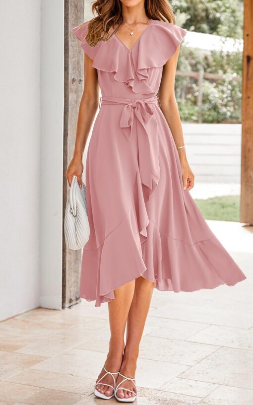 Women's 2025 Summer Cross Midi Dress Casual Boho Deep V Neck Short Sleeve Ruffle Hem Split Beach Long Dresses - Image 2